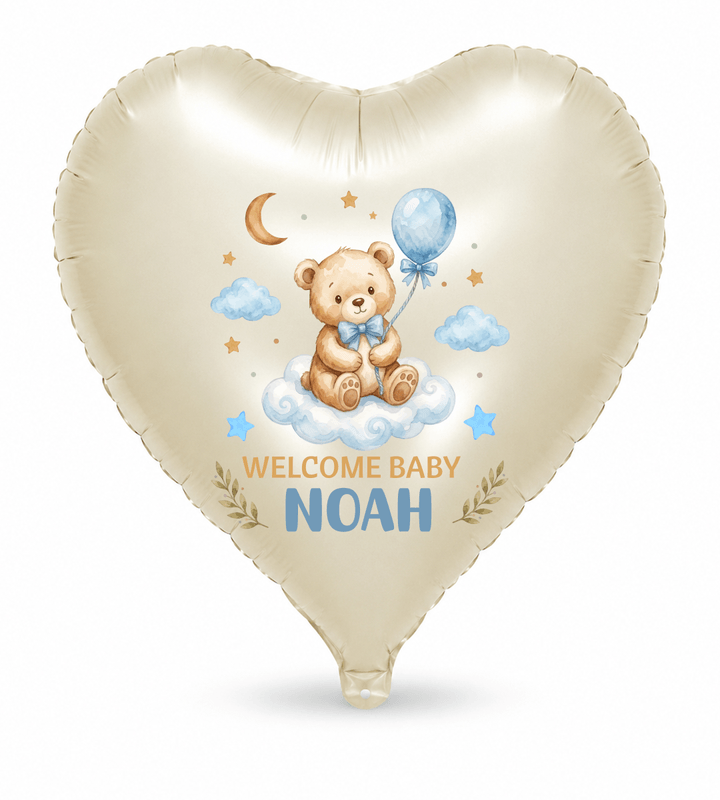 Welcome Baby Blue teddy bear personalized satin cream heart balloon