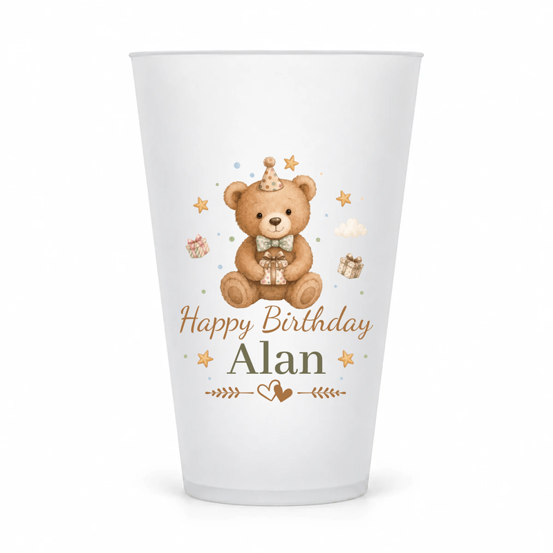 Teddy Bear Birthday Personalized 16 oz Clear Frosted Cups — original cup style