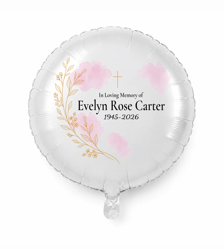Rose & Cross personalized memorial design on a white balloon