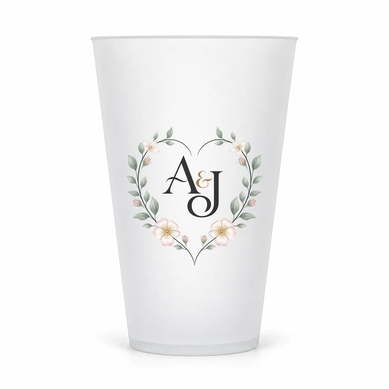 Wildflower wedding monogram design on the original 16 oz clear frosted cup