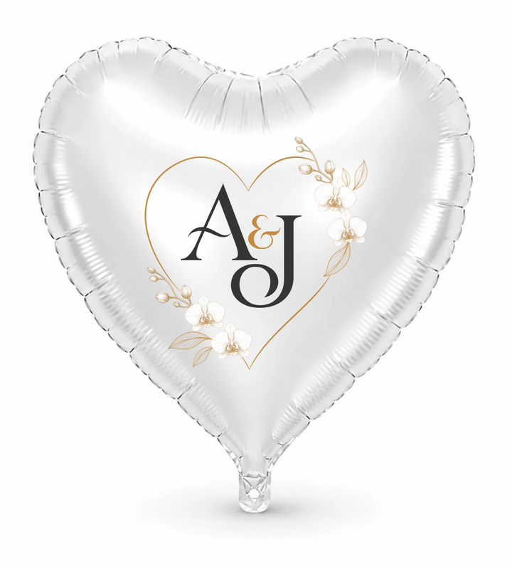 Orchid personalized wedding monogram on a white heart balloon