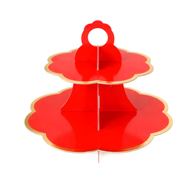 10 Inch Red 2 Tier Paper Cupcake Stand with Gold Trim