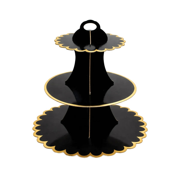 14 Inch Black 3 Tier Paper Cupcake Stand with Gold Trim Round Middle Tier
