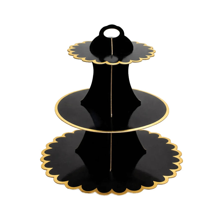 14 Inch Black 3 Tier Paper Cupcake Stand with Gold Trim Round Middle Tier
