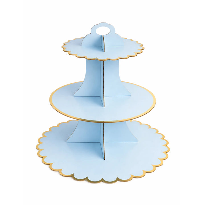14 Inch Blue 3 Tier Paper Cupcake Stand with Gold Edge Round Style