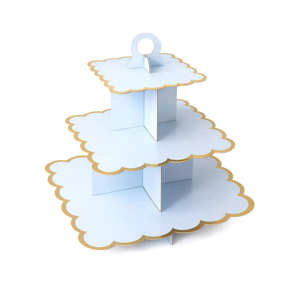 14 Inch Blue 3 Tier Paper Cupcake Stand with Gold Trim