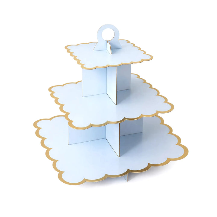 14 Inch Blue 3 Tier Paper Cupcake Stand with Gold Trim