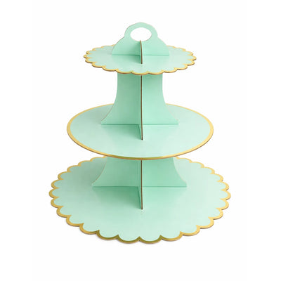 14 Inch Green 3 Tier Paper Cupcake Stand with Gold Trim