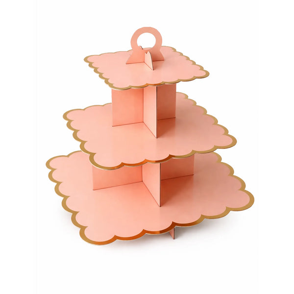 14 Inch Pink 3 Tier Paper Cupcake Stand with Gold Edge