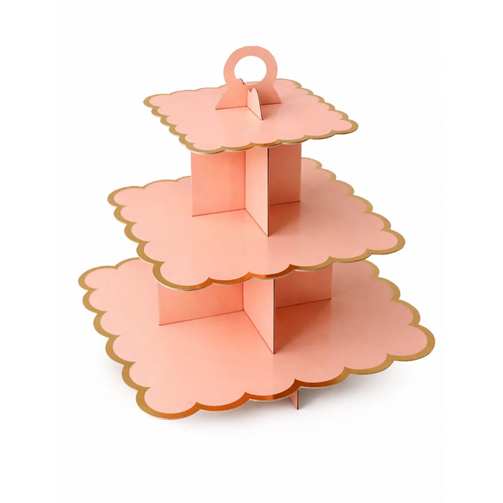 14 Inch Pink 3 Tier Paper Cupcake Stand with Gold Edge