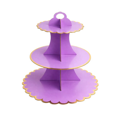 14 Inch Purple 3 Tier Paper Cupcake Stand with Gold Edge