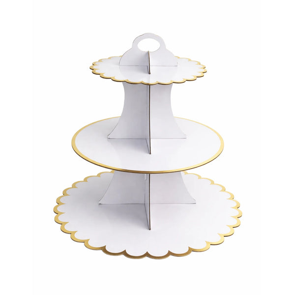 14 Inch White 3 Tier Paper Cupcake Stand with Gold Trim