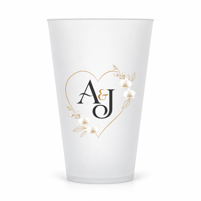 Orchid wedding monogram design on the original 16 oz clear frosted cup