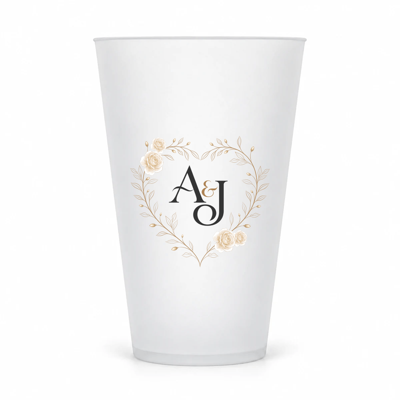 Rose Wreath wedding monogram design on the original 16 oz clear frosted cup