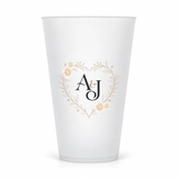 Rose Wreath wedding monogram design on the original 16 oz clear frosted cup