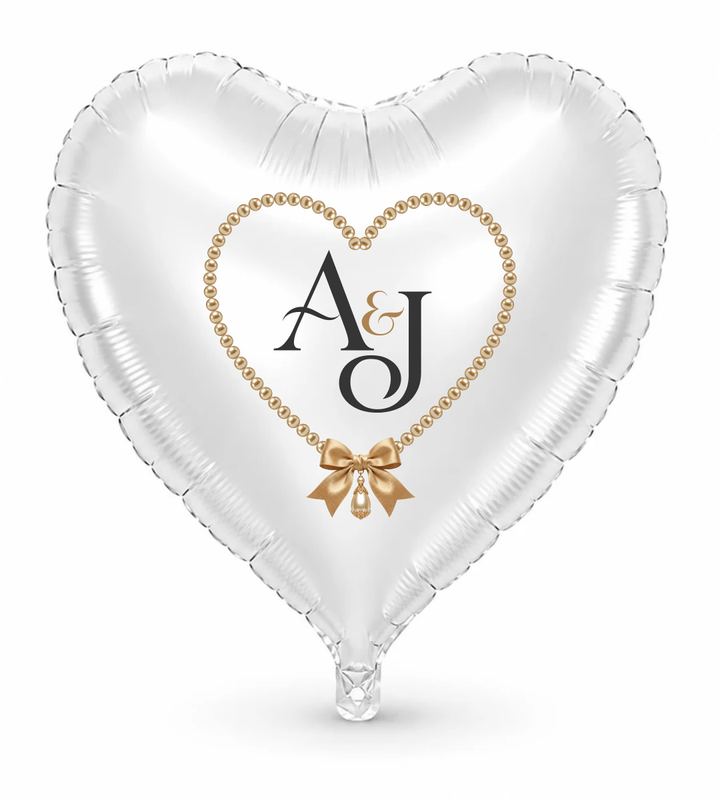 Pearl & Bow personalized wedding monogram on a white heart balloon