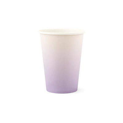 Close-up of a 9oz paper party cup with a soft white-to-light-purple (lavender) gradient design, ideal for cold drinks.