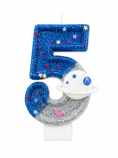Space Planet Number Birthday Candle Blue Silver Glitter