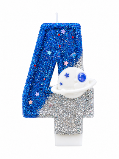 Space Planet Number Birthday Candle Blue Silver Glitter