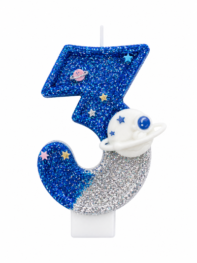 Space Planet Number Birthday Candle Blue Silver Glitter
