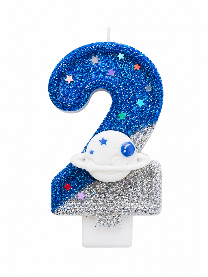 Space Planet Number Birthday Candle Blue Silver Glitter