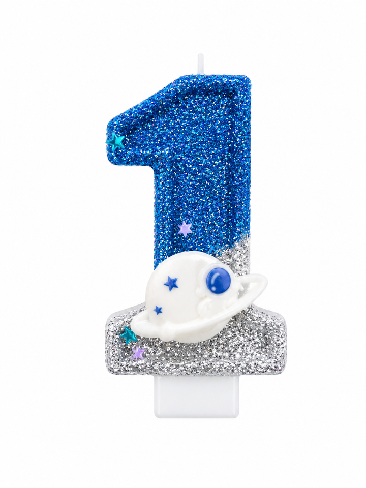 Space Planet Number Birthday Candle Blue Silver Glitter