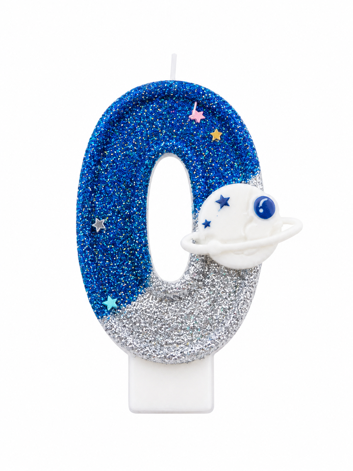 Space Planet Number Birthday Candle Blue Silver Glitter