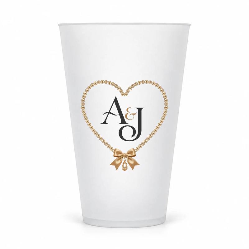 Pearl & Bow wedding monogram design on the original 16 oz clear frosted cup