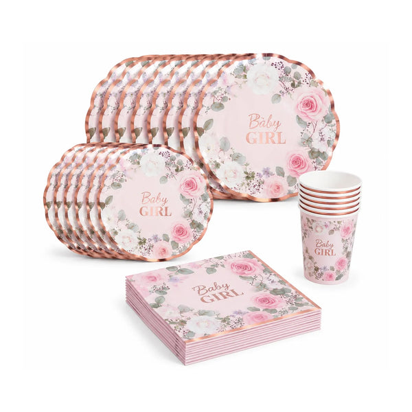 Baby Girl Floral Party Tableware Set for 8 – Large Plates, Small Plates, 8oz Cups and Napkins