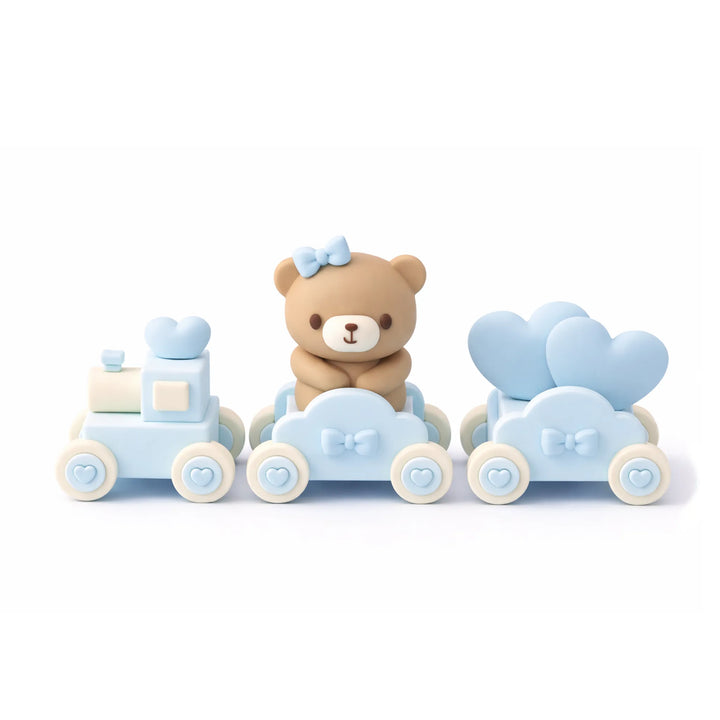 Blue baby train cake topper with teddy and hearts, 5.35-inch wide – baby shower topper set