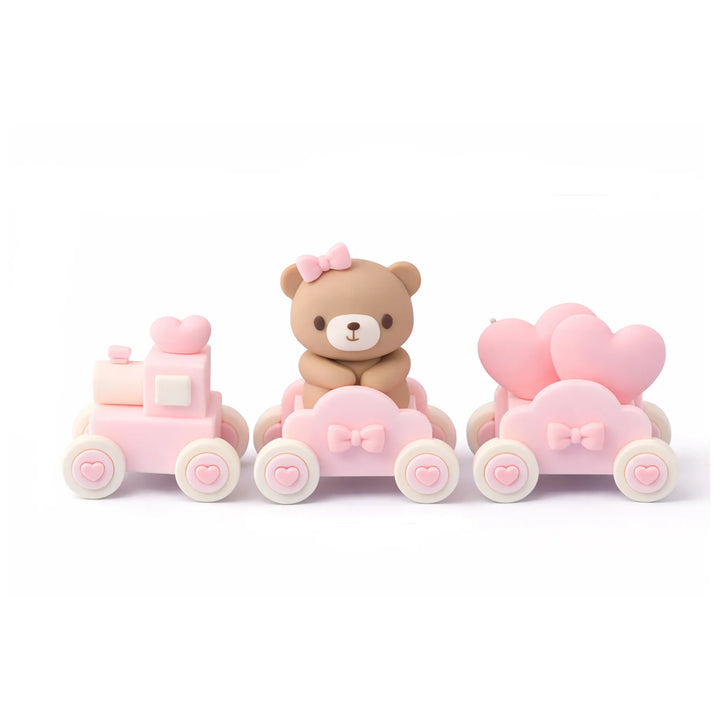 Pink baby train cake topper with teddy and hearts, 5.35-inch wide – baby shower topper set