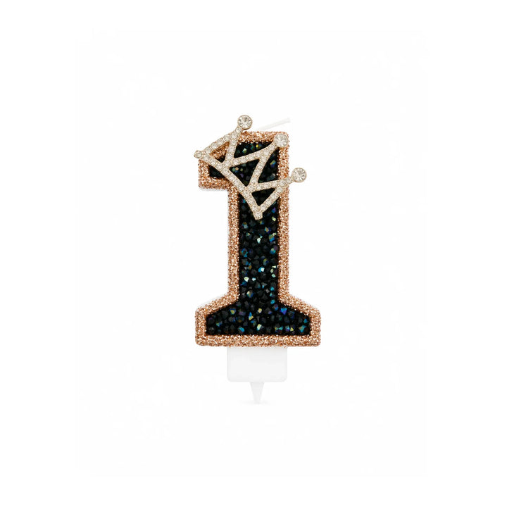 Black Crystal Crown Number Birthday Candle 1 with Gold Shimmer Edge