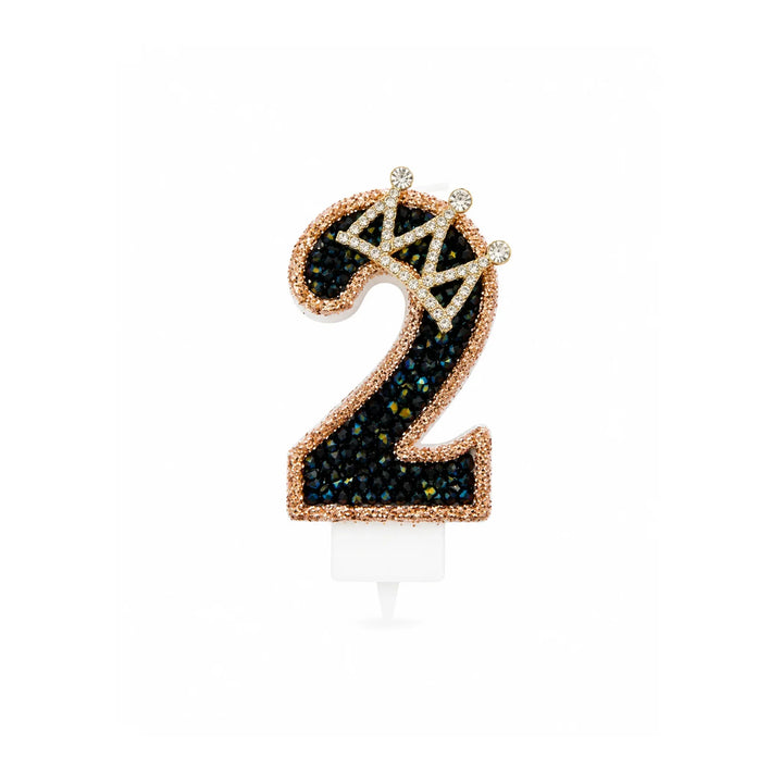 Black Crystal Crown Number Birthday Candle 2 with Gold Shimmer Edge