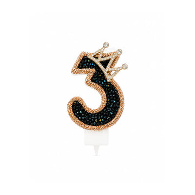 Black Crystal Crown Number Birthday Candle 3 with Gold Shimmer Edge