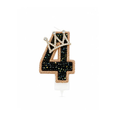 Black Crystal Crown Number Birthday Candle 4 with Gold Shimmer Edge