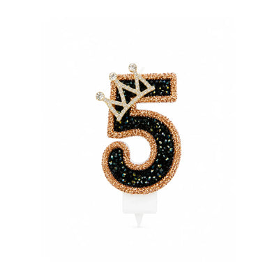 Black Crystal Crown Number Birthday Candle 5 with Gold Shimmer Edge