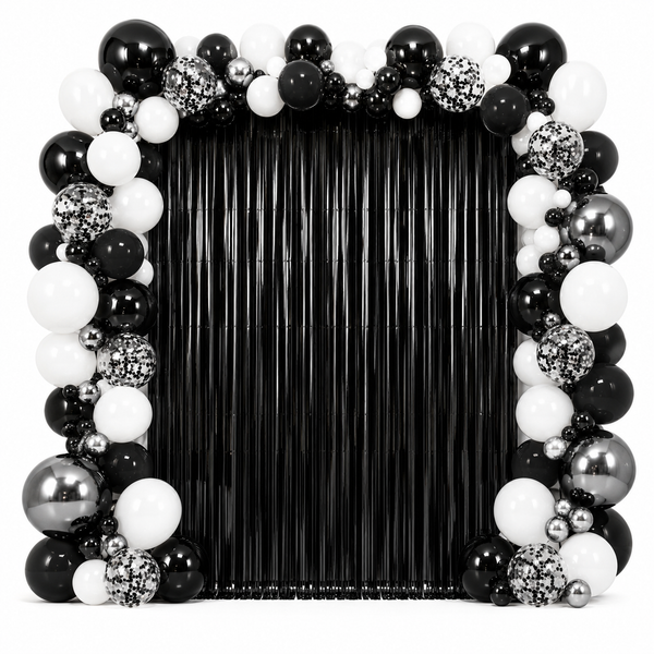 black Foil Fringe Curtain Backdrop for Holiday and Party Decorations