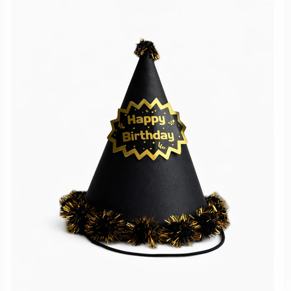 Black and Gold Happy Birthday Party Hat with Pom Pom Trim