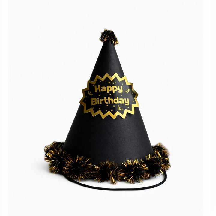 Black and Gold Happy Birthday Party Hat with Pom Pom Trim