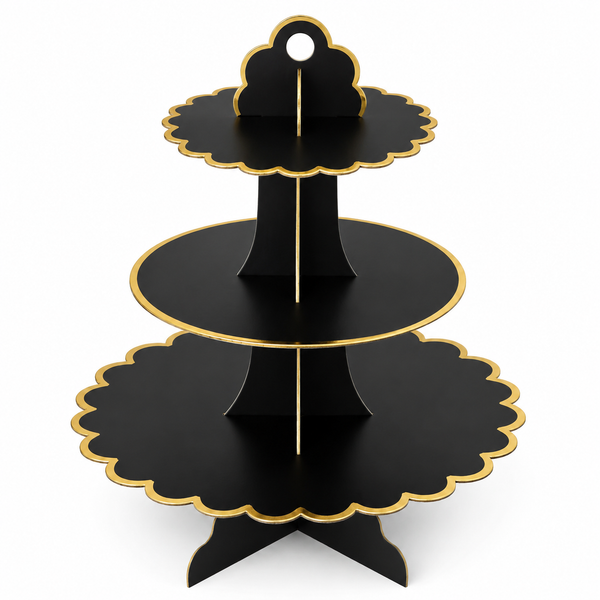 Black and Gold Trim 3 Tier Cupcake Stand for Elegant Dessert Tables and Parties