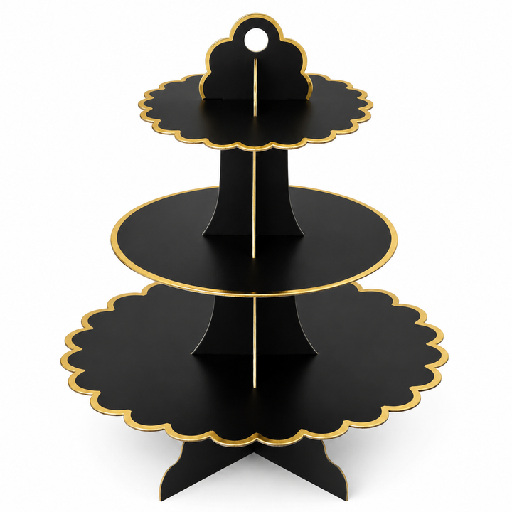 Black and Gold Trim 3 Tier Cupcake Stand for Elegant Dessert Tables and Parties