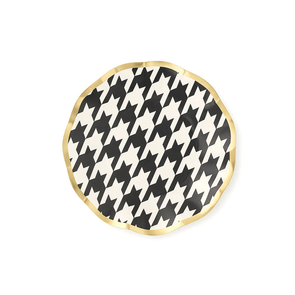 Black & White Houndstooth Plate with Gold Border, 8-inch