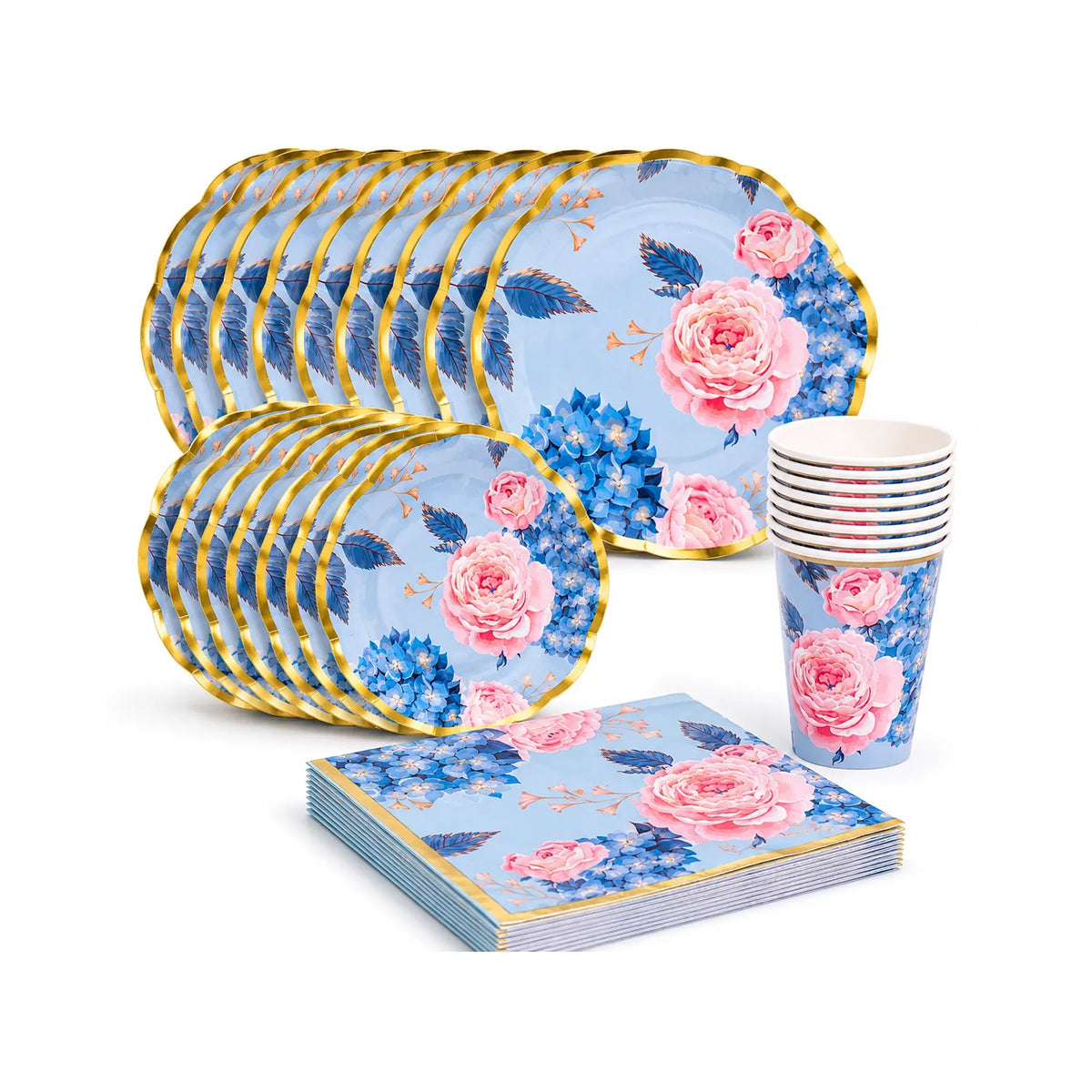 Blue Floral Paper Plates Party Set for 8 – Large Plates, Small Plates, 8oz Cups and Napkins