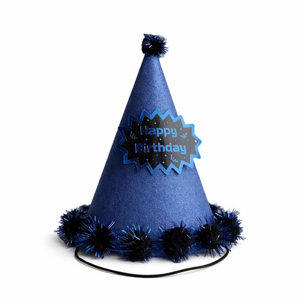 Blue Glitter Happy Birthday Party Hat with Metallic Pom Pom Trim