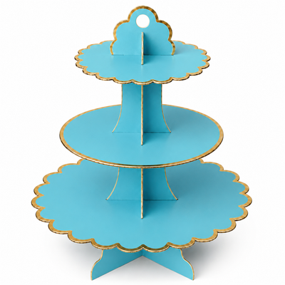 Blue and Gold Trim 3 Tier Cupcake Stand with Scalloped Edges for Dessert Tables