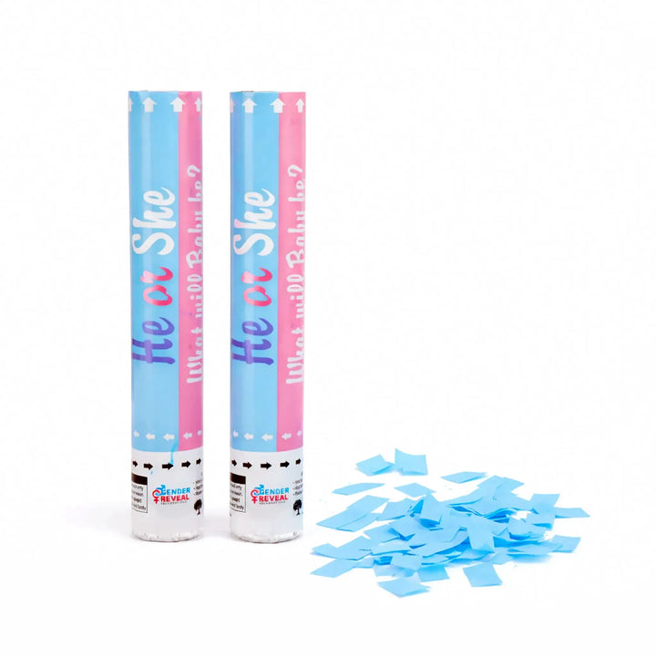 He or She Gender Reveal Confetti Cannons with Blue Paper Confetti