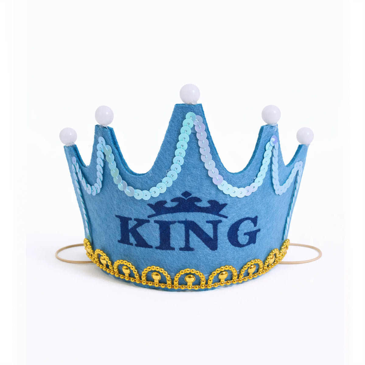 Blue King Felt Birthday Crown Party Hat with Gold Trim