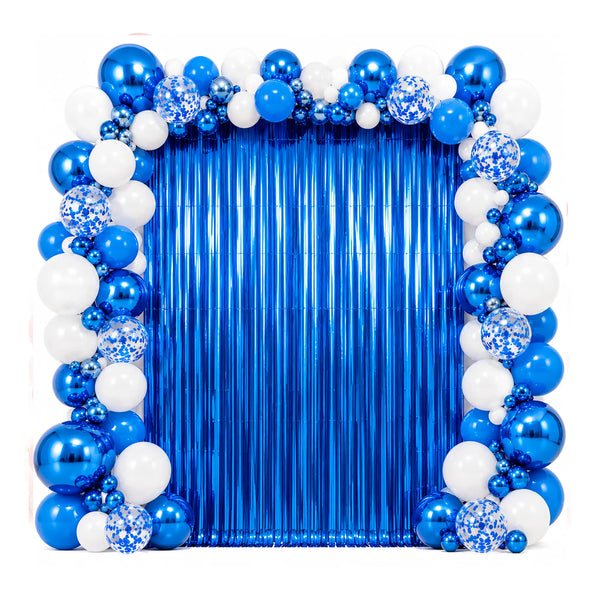 Blue Metallic Foil Fringe Curtain Backdrop for Birthday and Graduation Parties