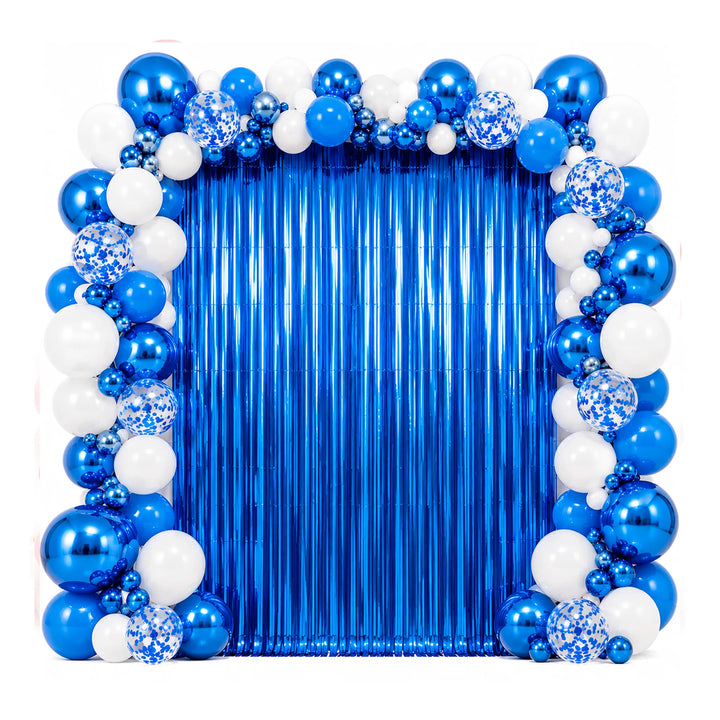 Blue Metallic Foil Fringe Curtain Backdrop for Birthday and Graduation Parties