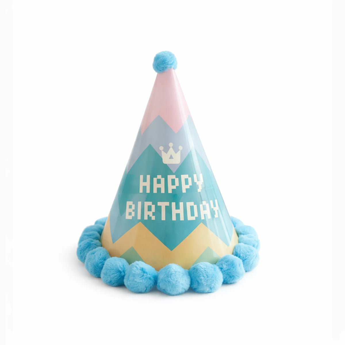 Blue Pastel Chevron Happy Birthday Party Hat with Blue Pom Pom Trim and Crown Design